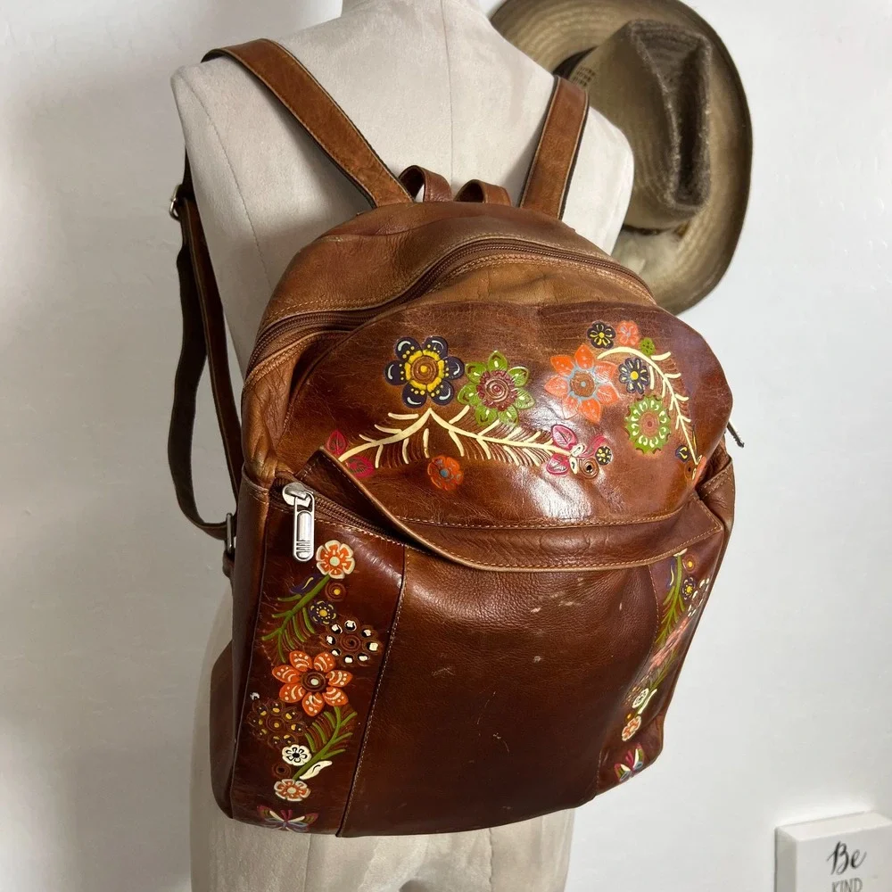 VTG Tooled Leather Backpack Hand Paint Floral Boho western Festival Travel Bag